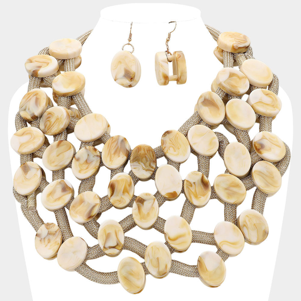 Madeline Love Gold, Ivory Marbled Oval Bead Cluster Statement Necklace - Necklaces