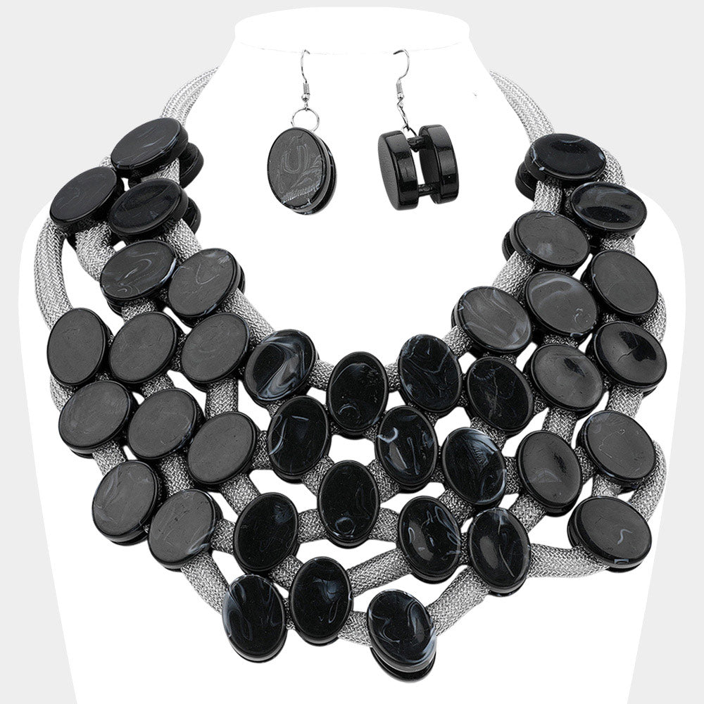 Madeline Love Black Marbled Oval Bead Cluster Statement Necklace - Necklaces