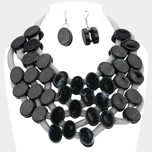 Madeline Love Black Marbled Oval Bead Cluster Statement Necklace - Necklaces