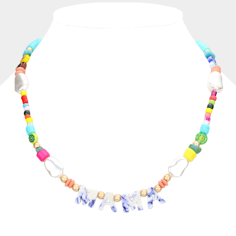 Madeline Love Blue MAMA Celluloid Acetate Message Accented Pearl Multi Beaded Necklace - Necklaces