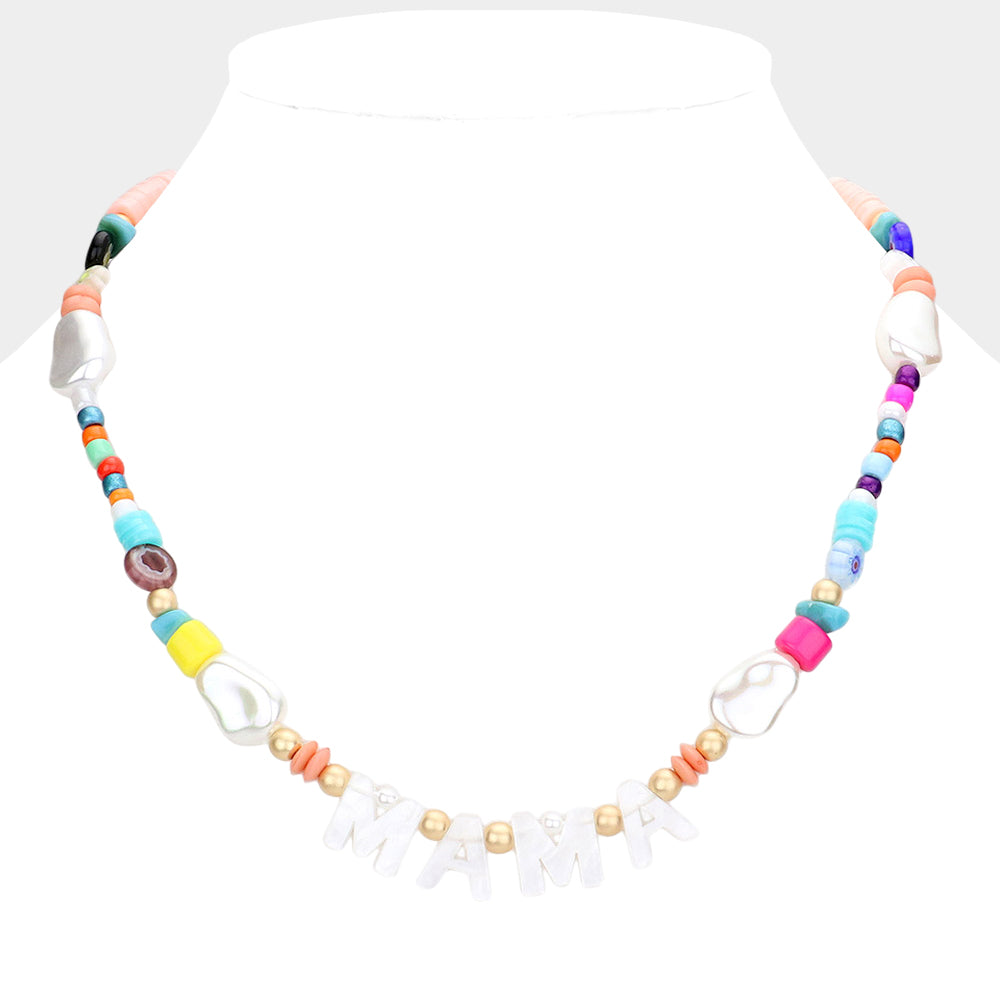 Madeline Love White MAMA Celluloid Acetate Message Accented Pearl Multi Beaded Necklace - Necklaces