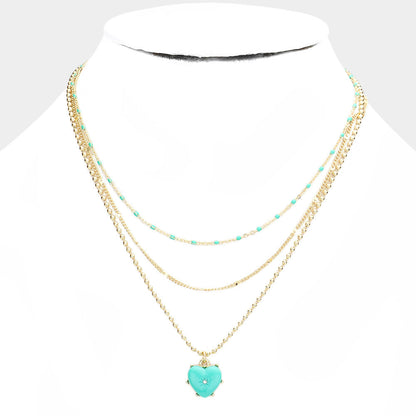 Heart Pendant Triple Layered Necklace