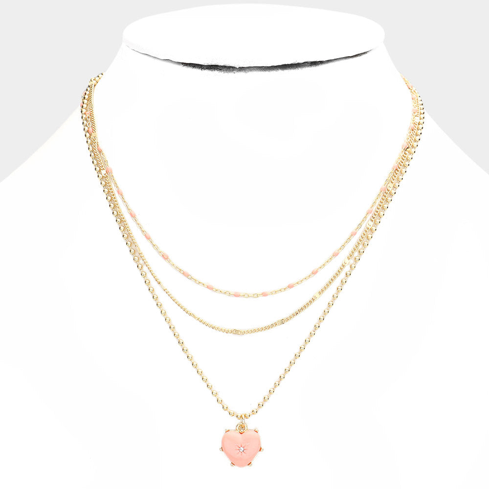 Heart Pendant Triple Layered Necklace