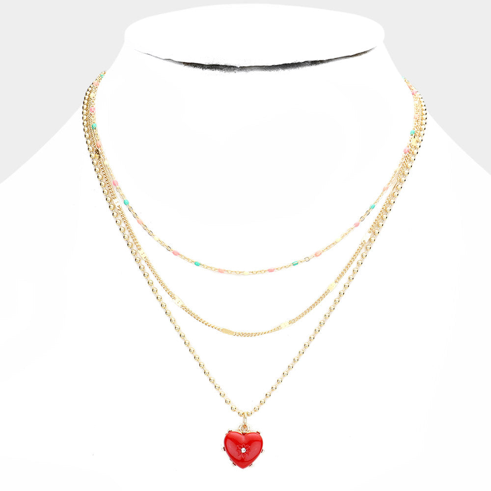 Heart Pendant Triple Layered Necklace