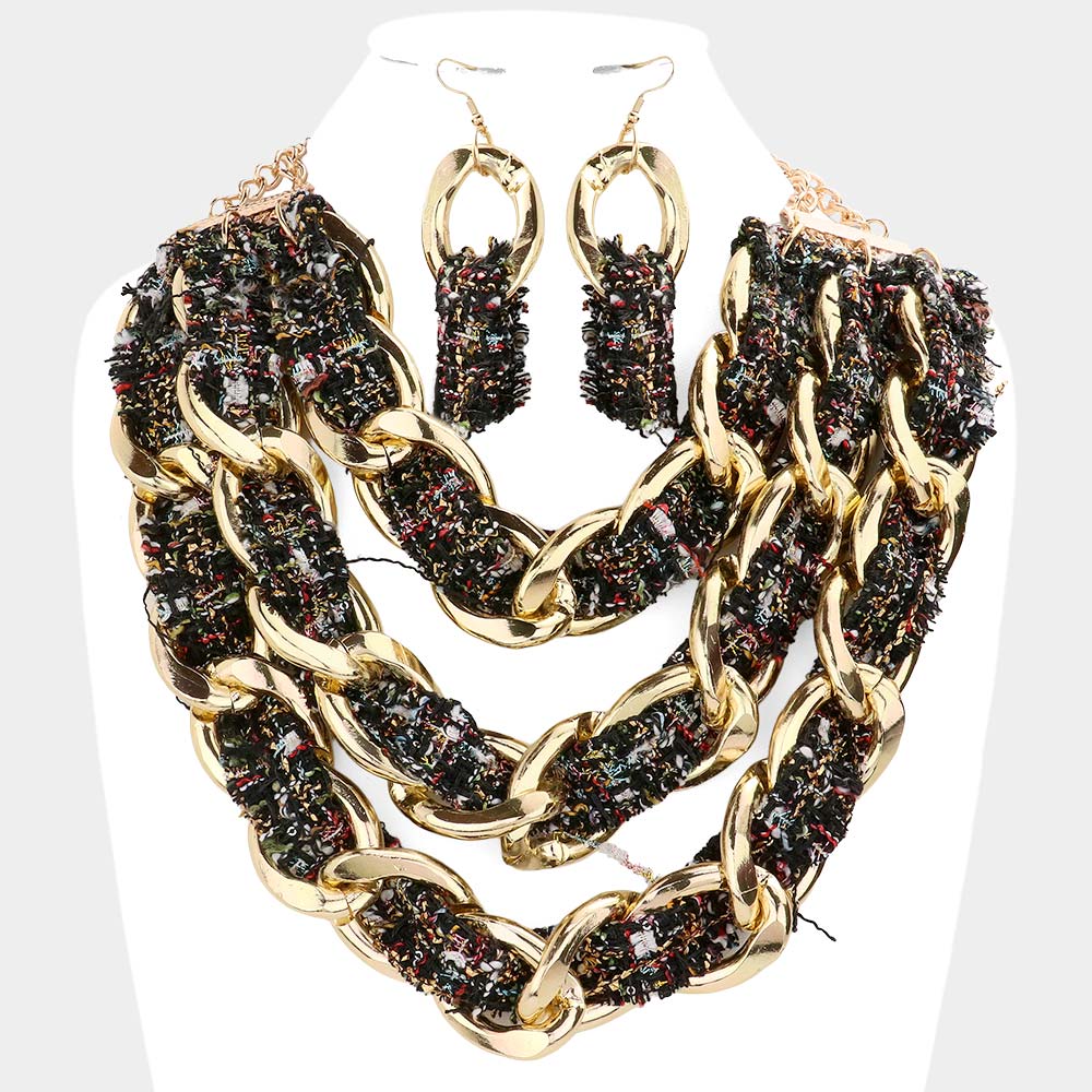 Madeline Love Black Tweed Fabric Metal Chain Link Triple Layered Bib Necklace - Necklaces