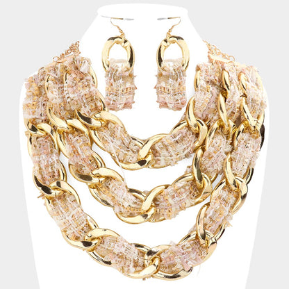 Madeline Love Ivory Tweed Fabric Metal Chain Link Triple Layered Bib Necklace - Necklaces