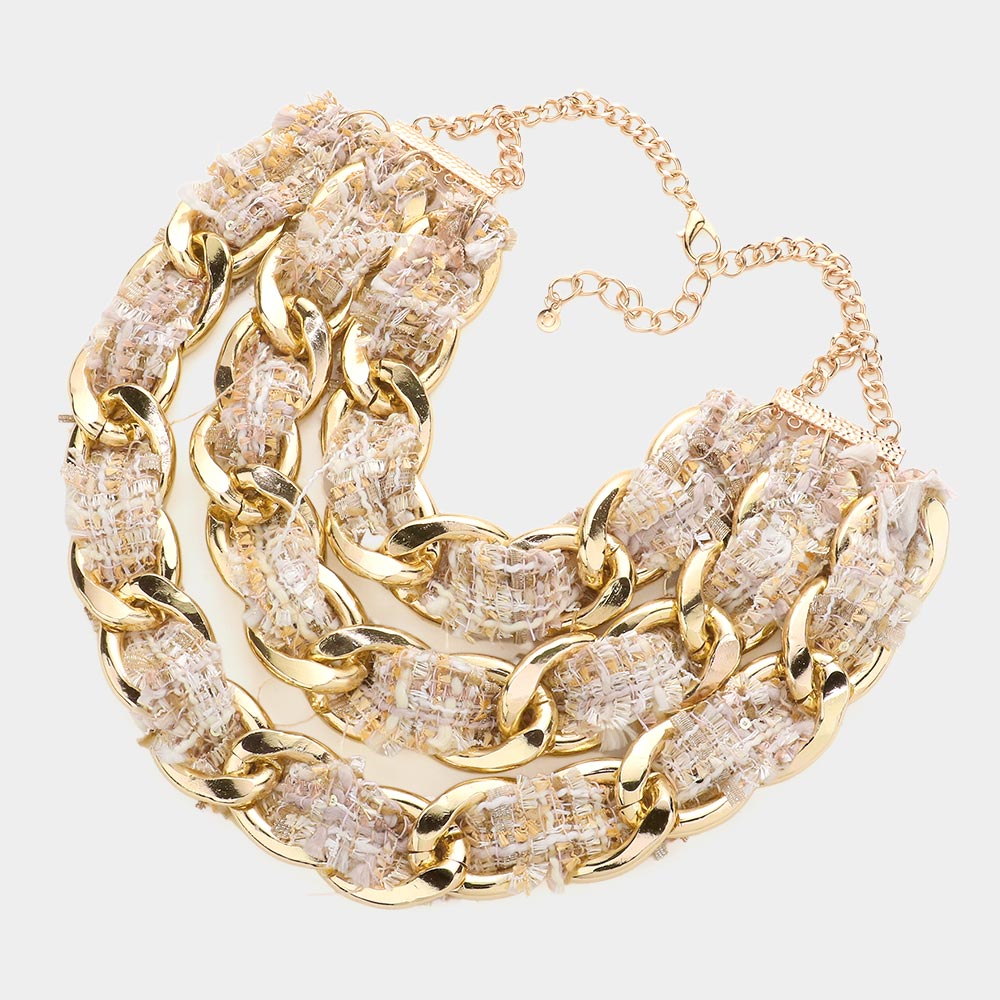 Madeline Love Ivory Tweed Fabric Metal Chain Link Triple Layered Bib Necklace - Necklaces - desc