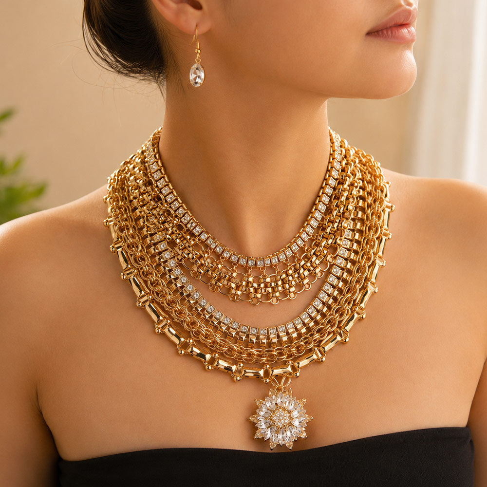 Madeline Love Gold Marquise Stone Cluster Flower Pointed Statement Necklace