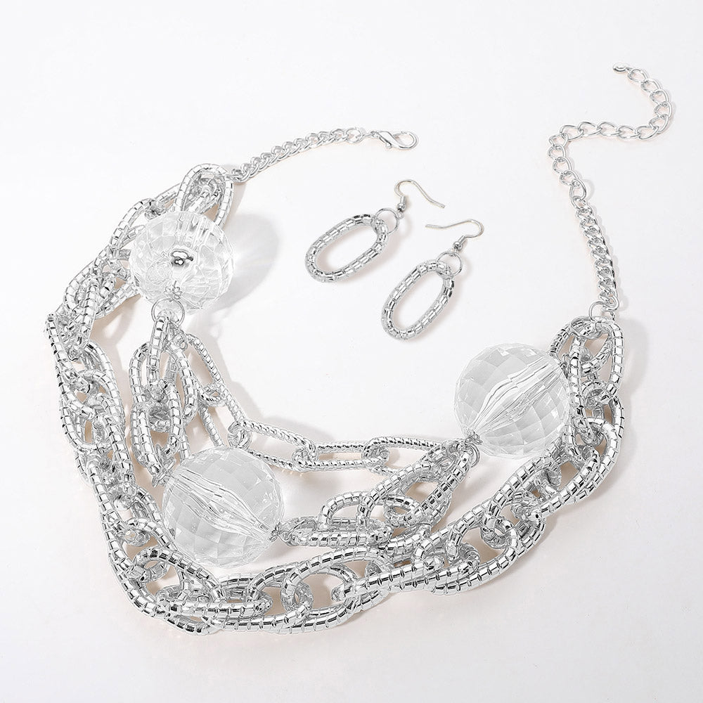 Madeline Love Clear, Rhodium Chunky Acrylic Ball Textured Chain Layered Statement Necklace - Necklaces