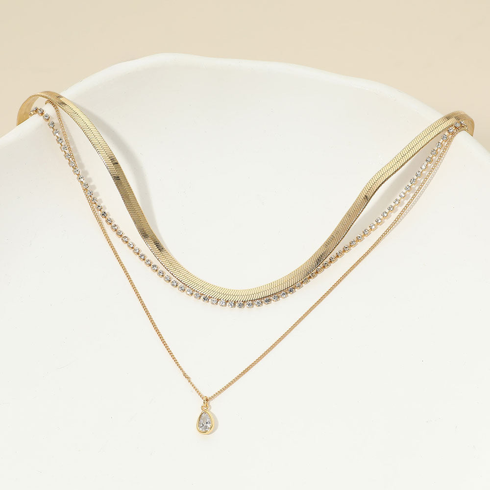 Madeline Love Clear, Gold 18K Gold Dipped Teardrop Stone Bezel Accent Herringbone Chain Layered Necklace - Necklaces
