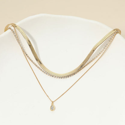 Madeline Love Clear, Gold 18K Gold Dipped Teardrop Stone Bezel Accent Herringbone Chain Layered Necklace - Necklaces