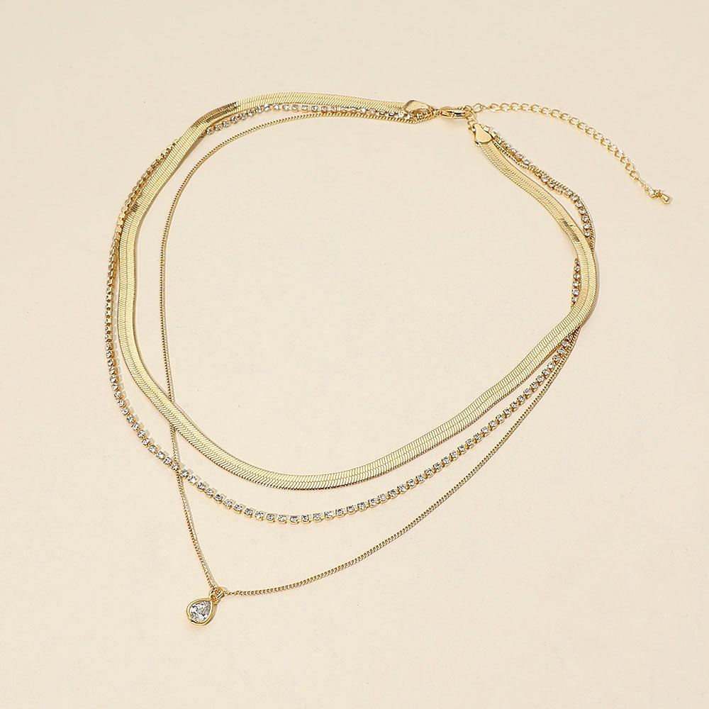 Madeline Love Clear, Gold 18K Gold Dipped Teardrop Stone Bezel Accent Herringbone Chain Layered Necklace - Necklaces - desc