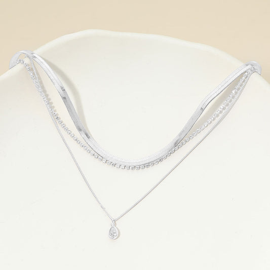 Madeline Love Clear, Silver, White Gold White Gold Dipped Teardrop Stone Bezel Accent Herringbone Chain Layered Necklace - Necklaces