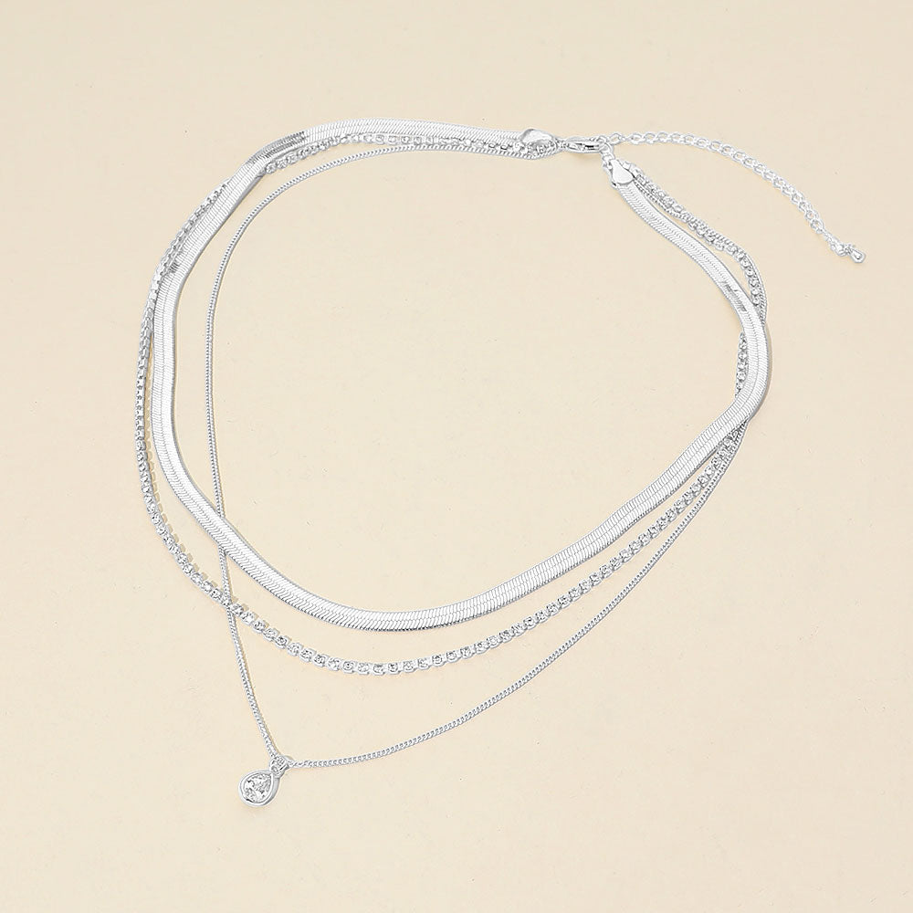 Madeline Love Clear, Silver, White Gold White Gold Dipped Teardrop Stone Bezel Accent Herringbone Chain Layered Necklace - Necklaces - desc