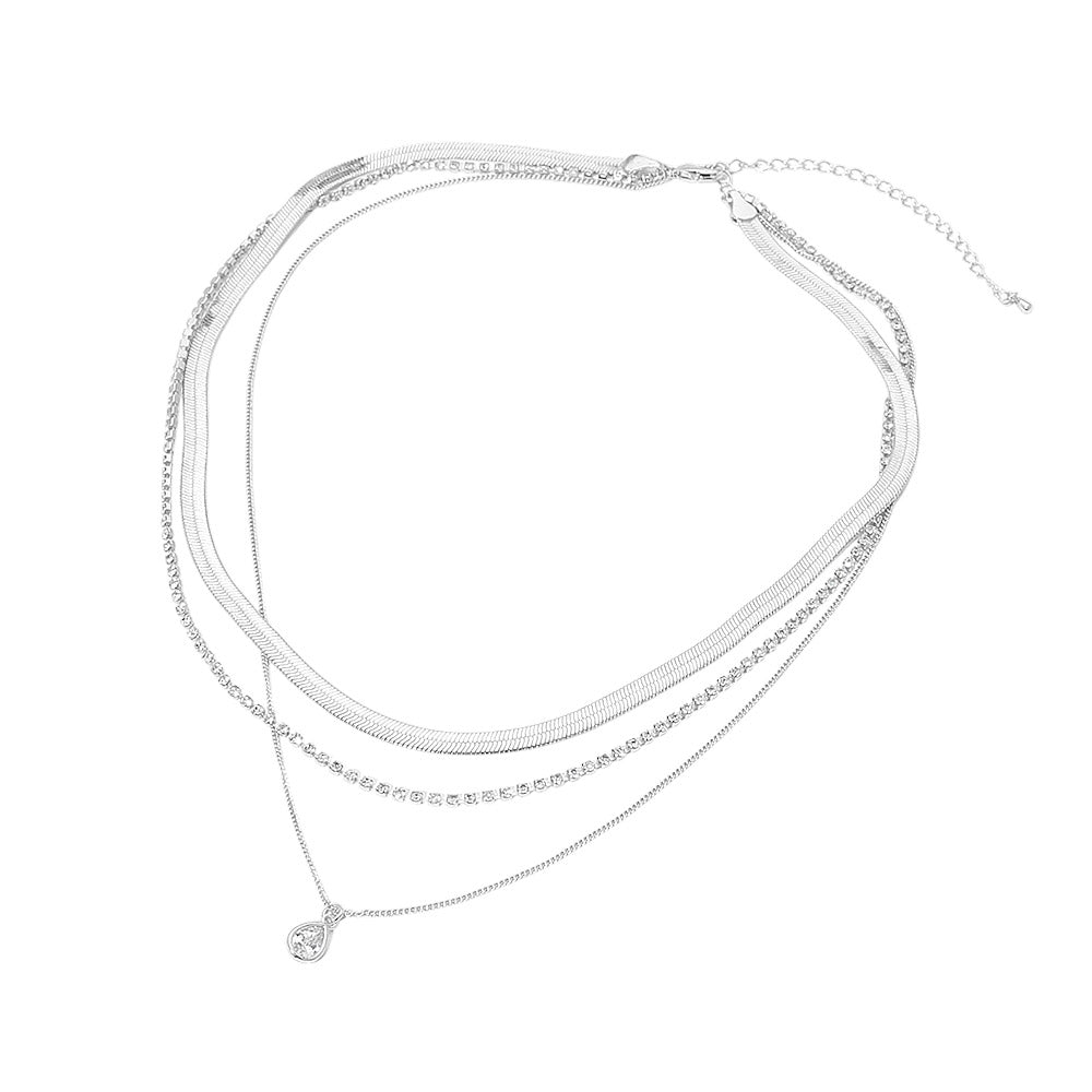 Madeline Love Clear, Silver, White Gold White Gold Dipped Teardrop Stone Bezel Accent Herringbone Chain Layered Necklace - Necklaces - extra