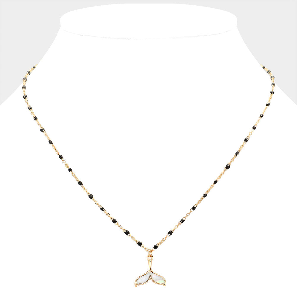 Black Mother Of Pearl Beads Station Whale Tail Pendant Necklace