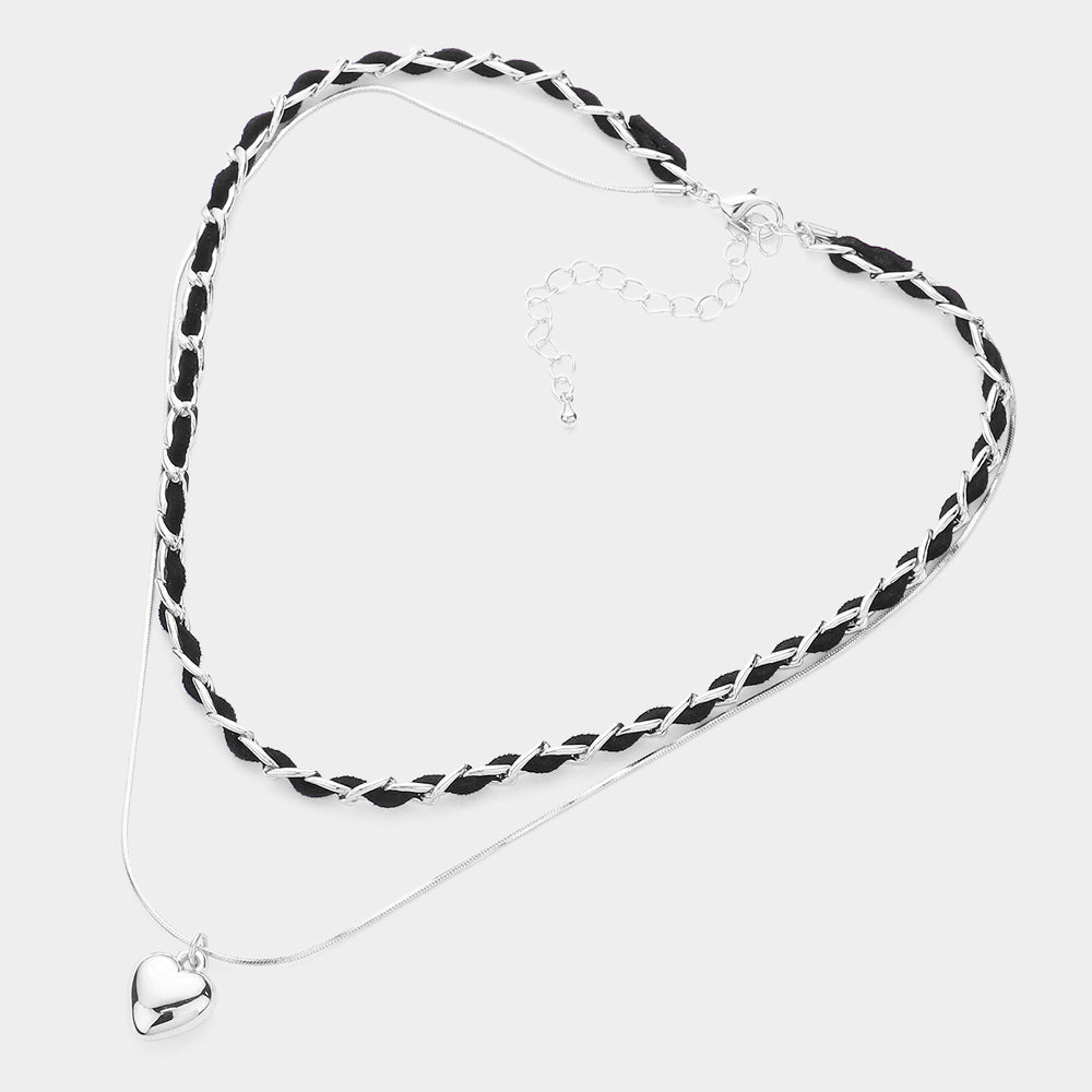 Faux Suede Double Layered Metal Heart Pendant Necklace - Necklaces