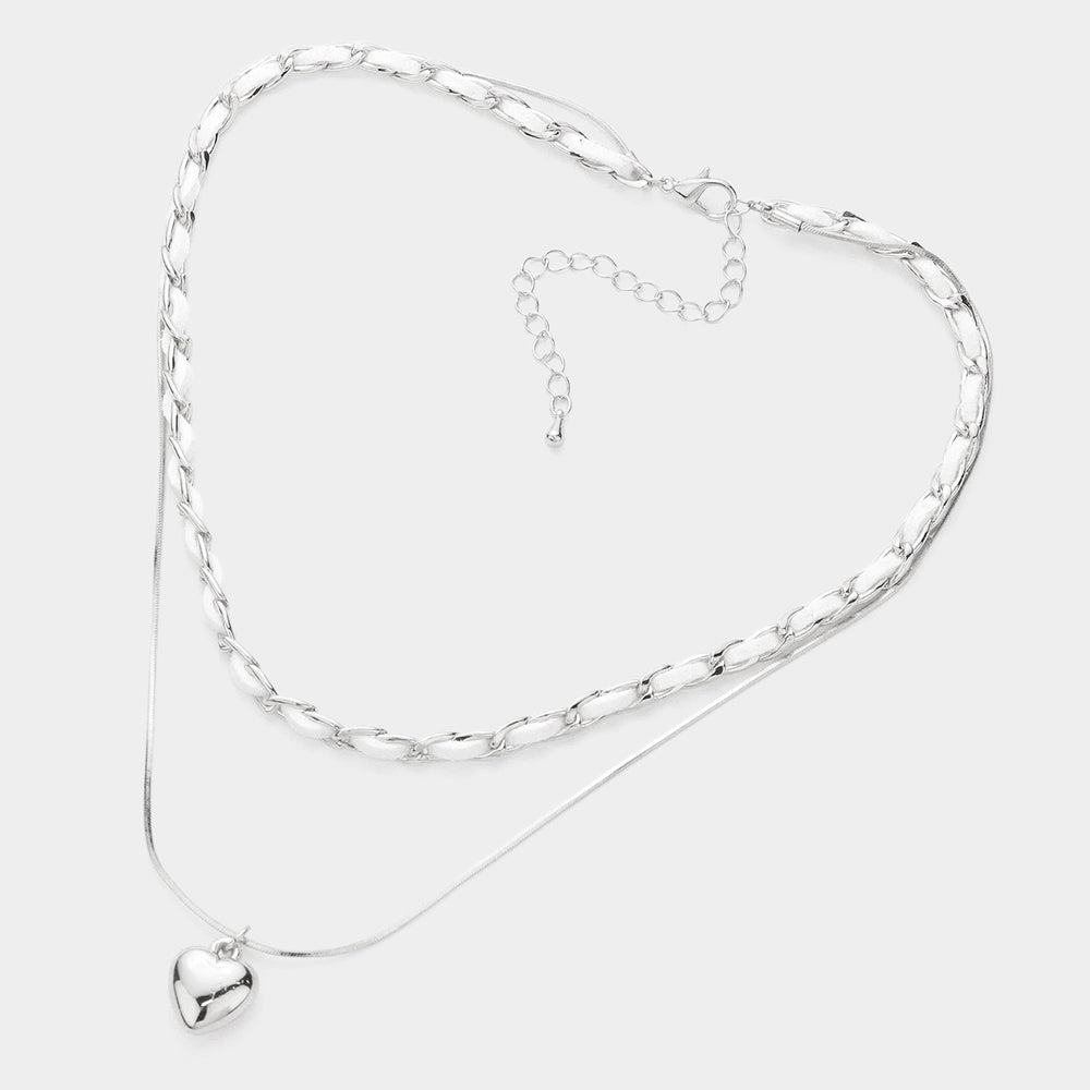 Faux Suede Double Layered Metal Heart Pendant Necklace - Necklaces