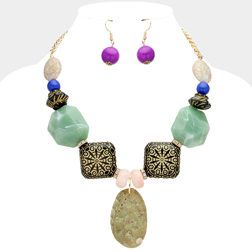 Gold, Multi Shell Pendant Pointed Wood Natural Stone Beaded Bib Necklace