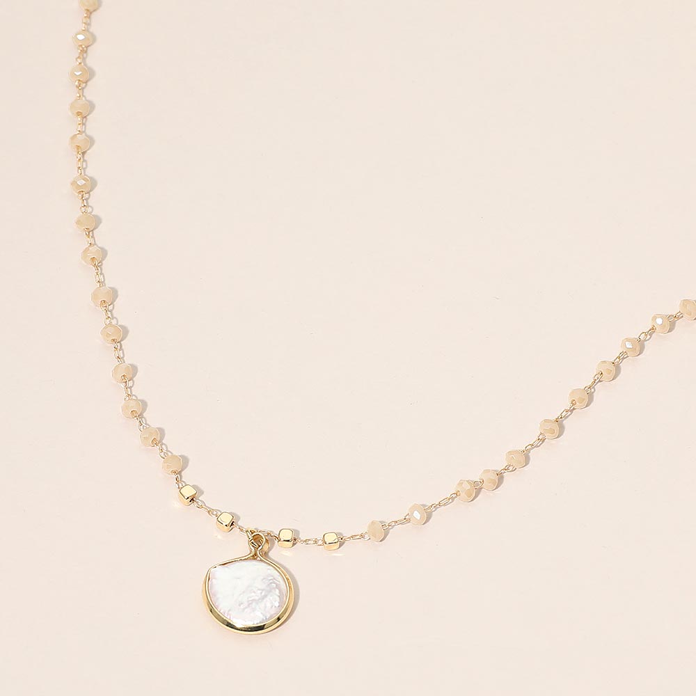 Madeline Love Cream, Gold Pearl Coin Pendant Faceted Beaded Chain Necklace - Necklaces