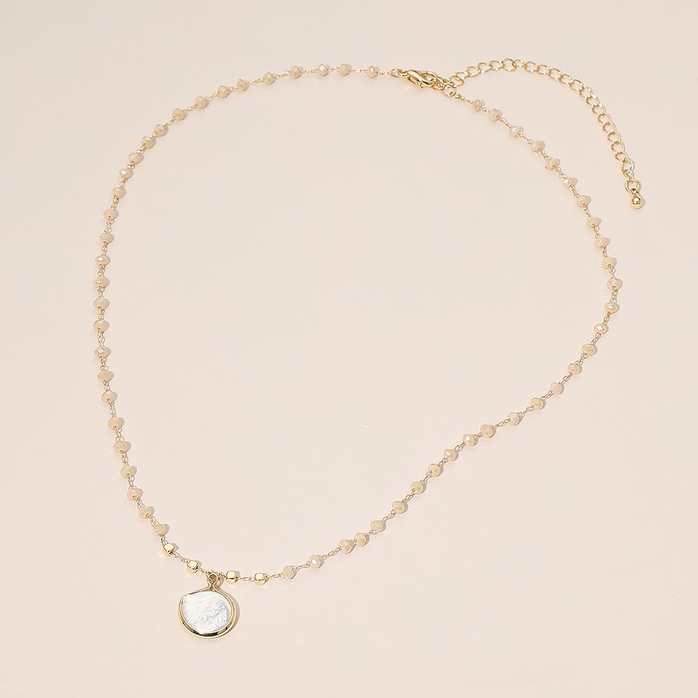 Madeline Love Cream, Gold Pearl Coin Pendant Faceted Beaded Chain Necklace - Necklaces - desc