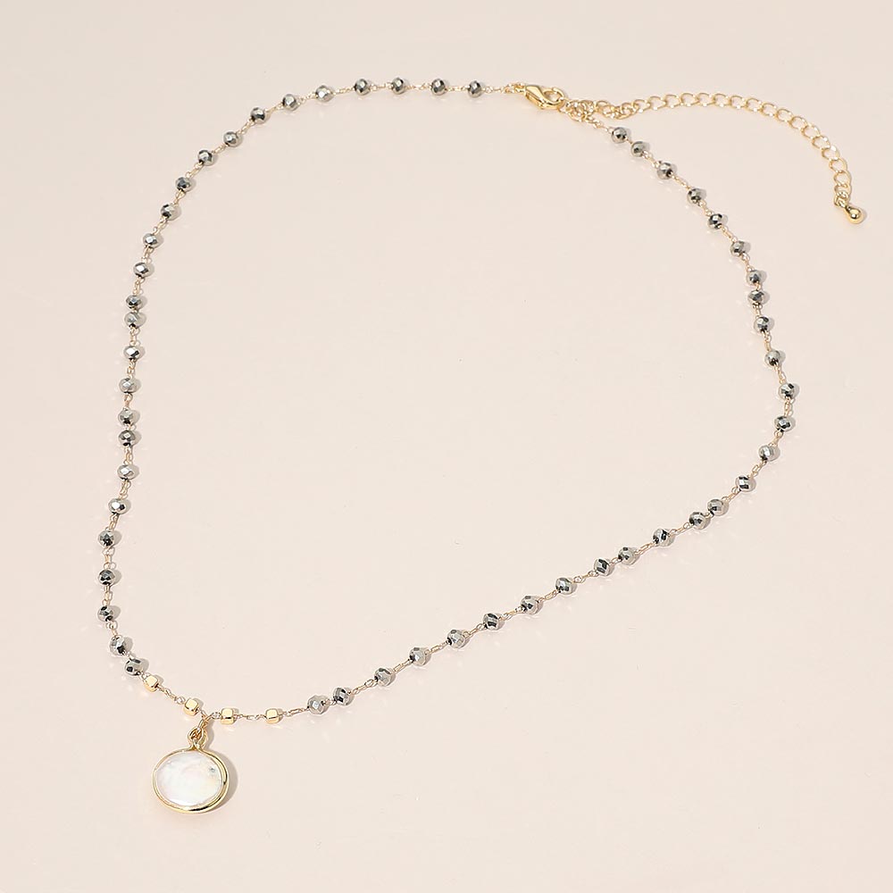 Madeline Love Cream, Hematite Pearl Coin Pendant Faceted Beaded Chain Necklace - Necklaces - desc