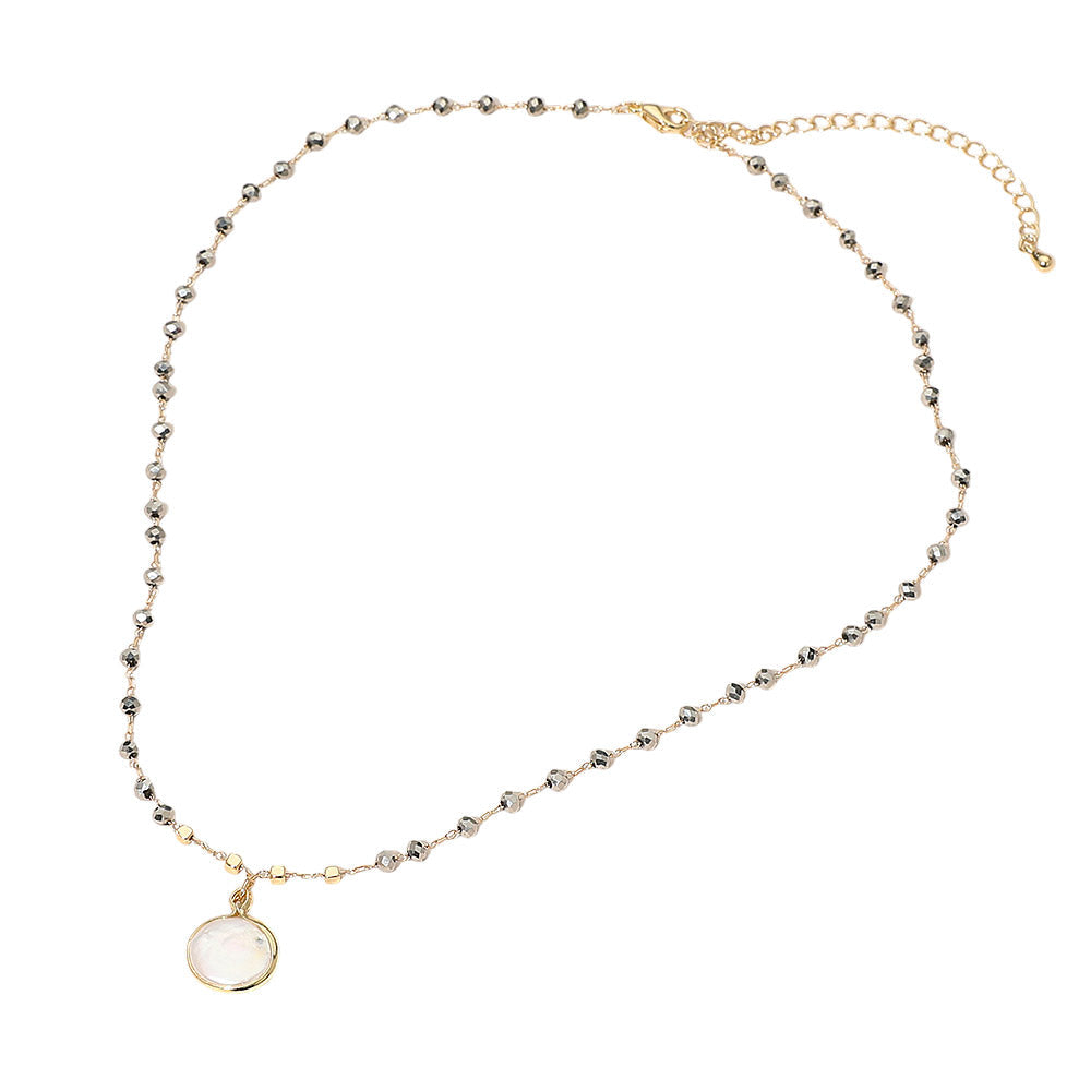 Madeline Love Cream, Hematite Pearl Coin Pendant Faceted Beaded Chain Necklace - Necklaces - extra