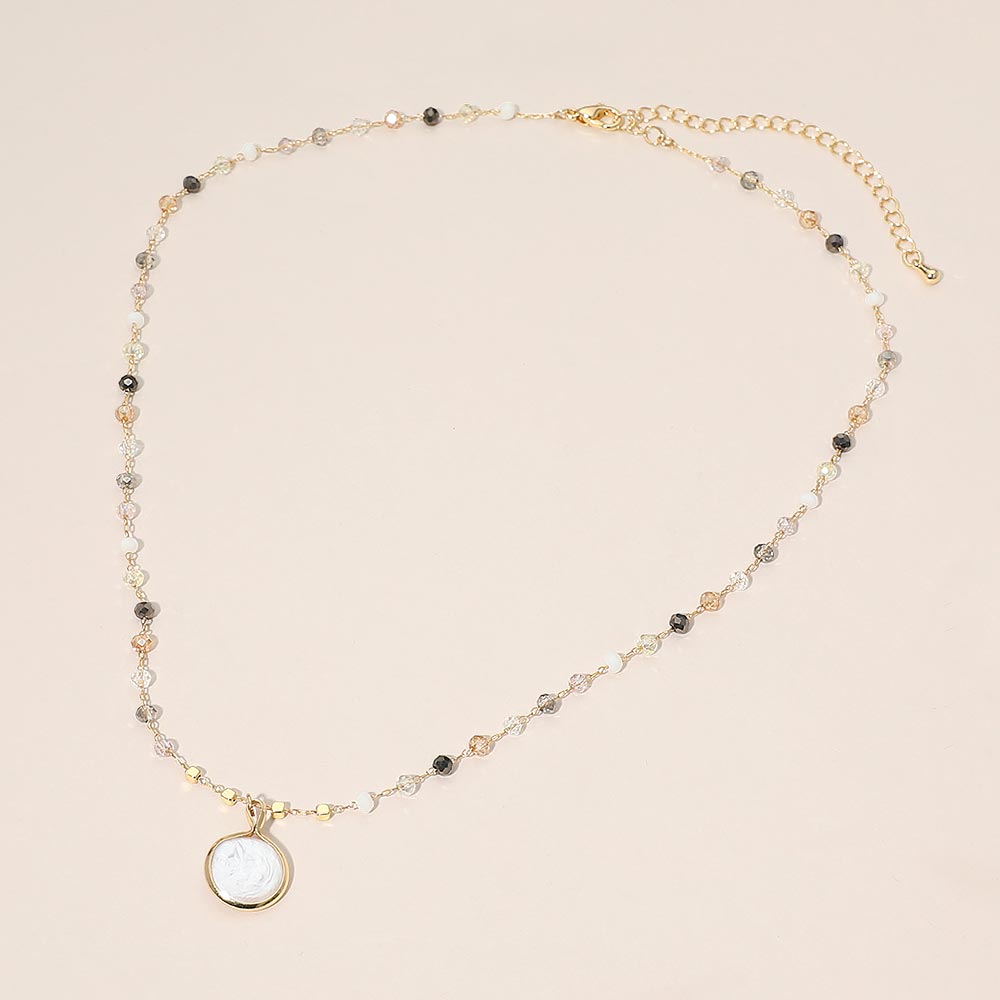 Madeline Love Black, Cream Pearl Coin Pendant Faceted Beaded Chain Necklace - Necklaces - desc