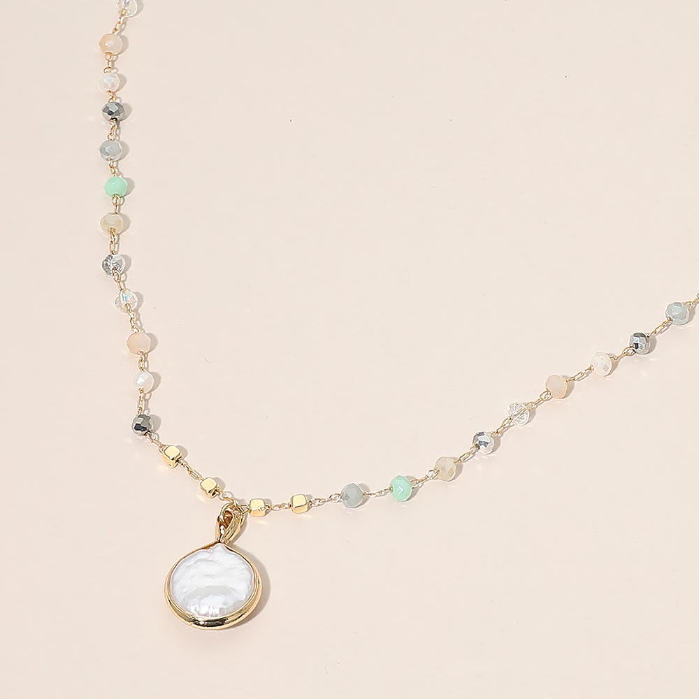 Madeline Love Cream, Mint Pearl Coin Pendant Faceted Beaded Chain Necklace - Necklaces