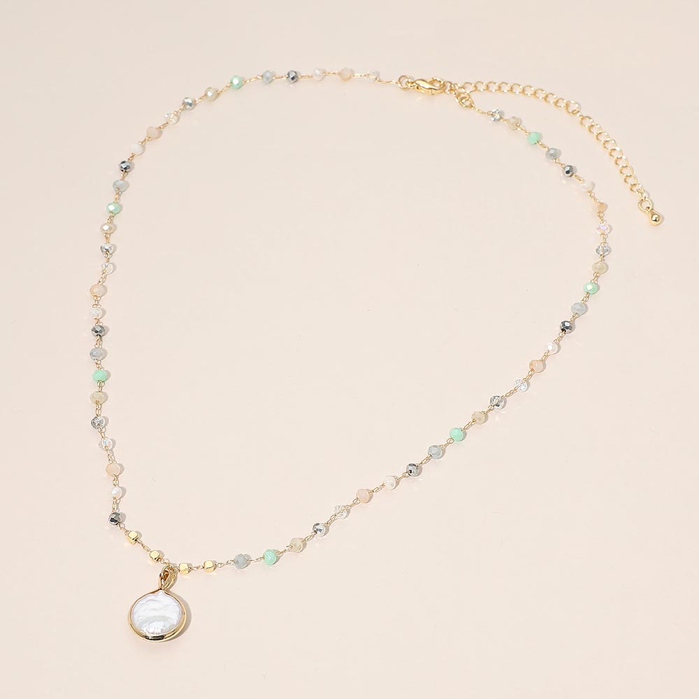 Madeline Love Cream, Mint Pearl Coin Pendant Faceted Beaded Chain Necklace - Necklaces - desc