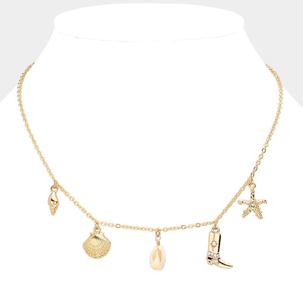 Madeline Love Gold Shell Western Boots Starfish Charm Station Necklace - Necklaces