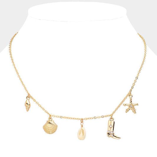 Madeline Love Gold Shell Western Boots Starfish Charm Station Necklace - Necklaces