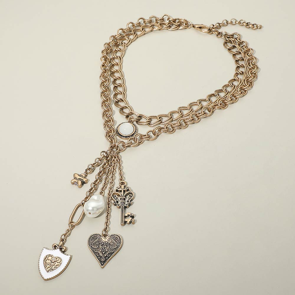 Madeline Love Gold, White Vintage Heart Pearl Key Flower Charm Drop Layered Statement Necklace - Necklaces