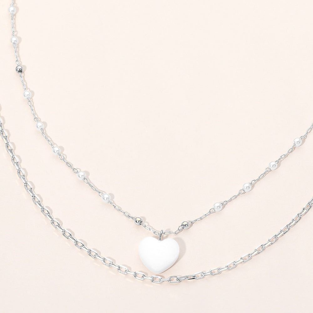 Madeline Love Cream, Rhodium Mother of Pearl Heart Pendant Layered Necklace