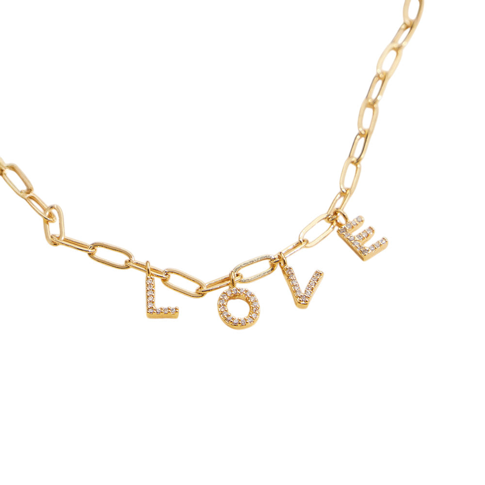 Semi Fine Collection - 18K Gold Dipped Brass Metal LOVE Monogram Charm Paperclip Chain Necklace