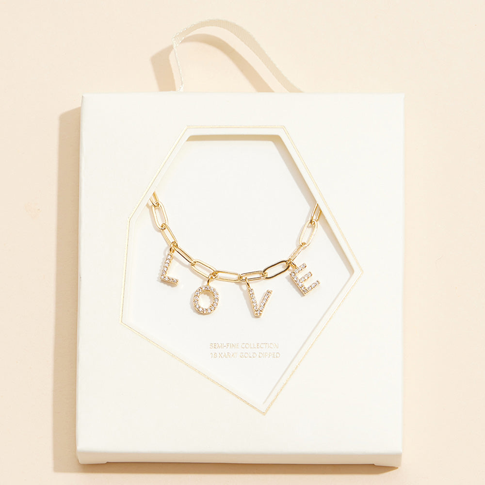 Semi Fine Collection - 18K Gold Dipped Brass Metal LOVE Monogram Charm Paperclip Chain Necklace