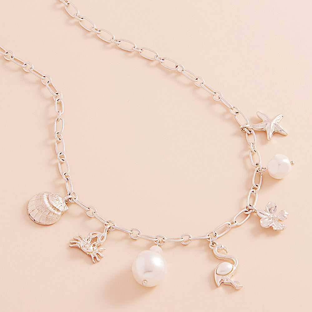 Matte Silver Metal Seashell Crab Starfish Flower Pearl Flamingo Charm Station Necklace