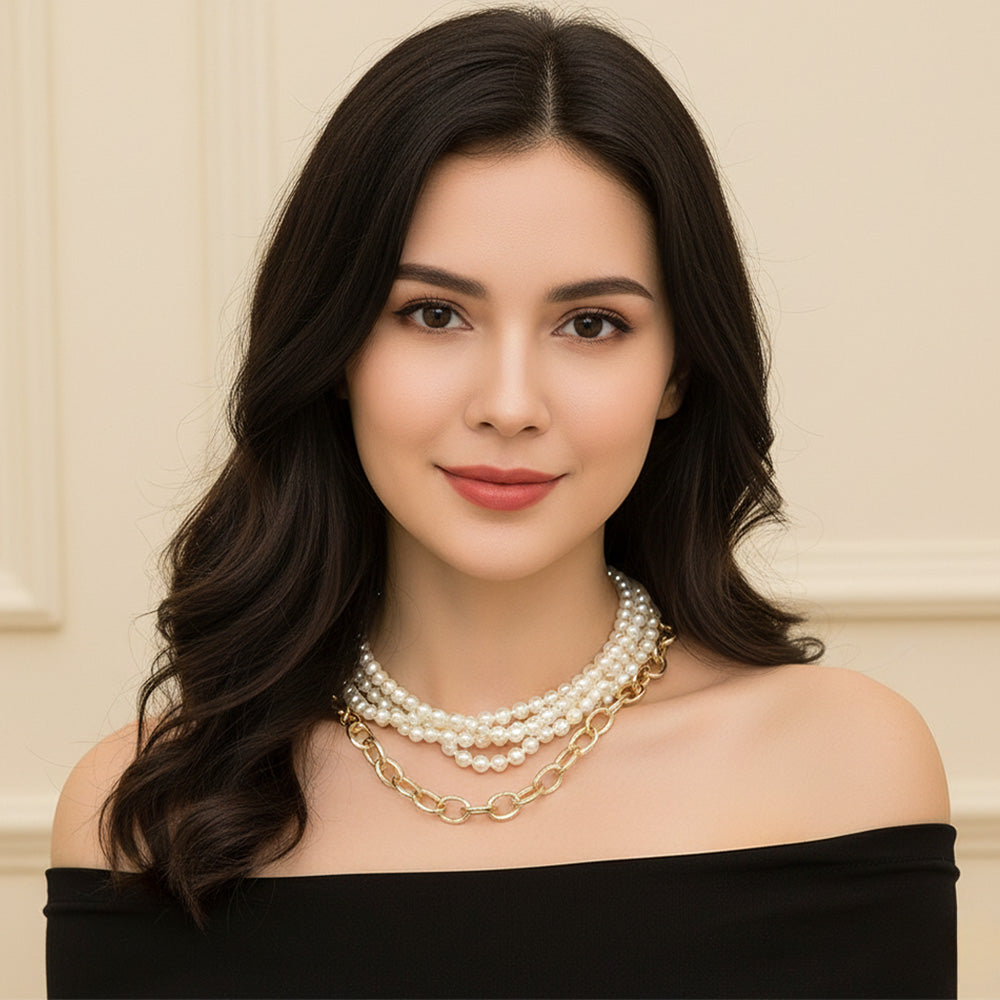 Madeline Love Cream 2PCS - Chunky Textured Metal Link Multi Layered Pearl Strand Necklaces