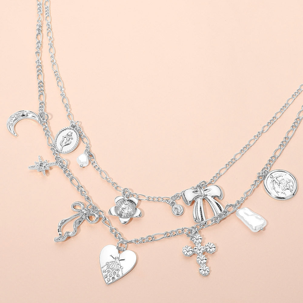 Madeline Love Silver Bow Heart Floral Cross Pearl Crescent Coin Charm Station Layered Necklace - Necklaces