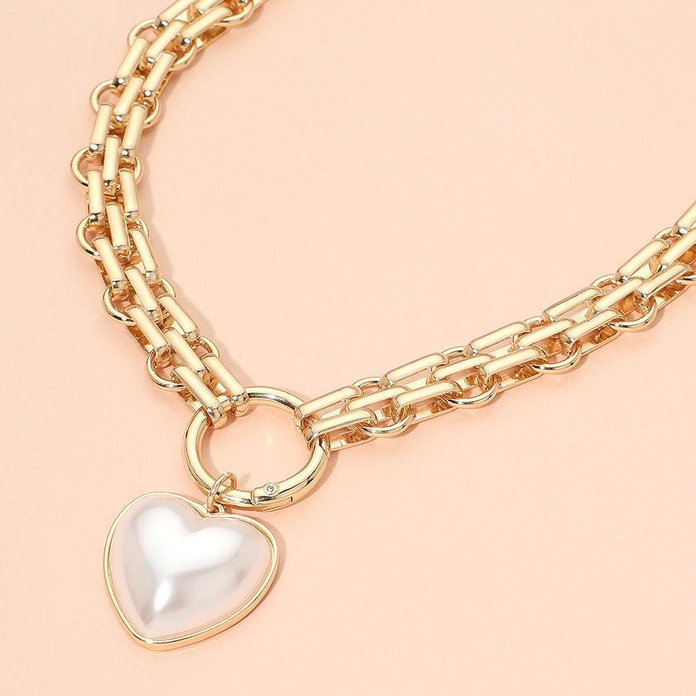 Madeline Love Cream, Gold Pearl Heart Pendant Chunky Chain Necklace