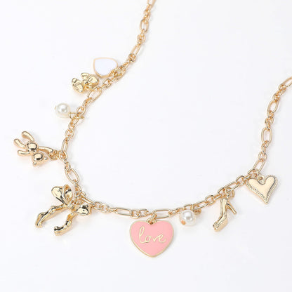 Enamel Heart Pearl Metal Teddy Bear Bow High Heel Charm Station Necklace