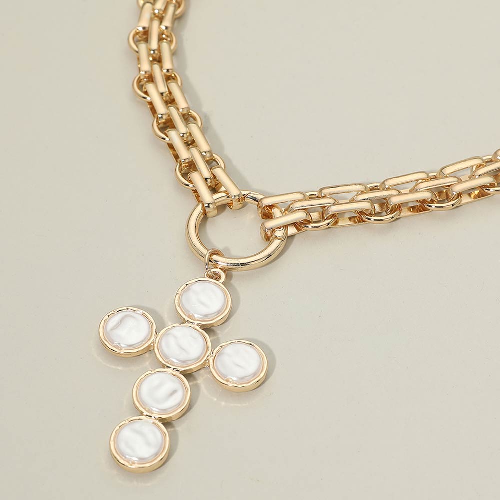 Madeline Love Cream, Gold Pearl Cross Charm Pendant Chunky Chain Statement Necklace