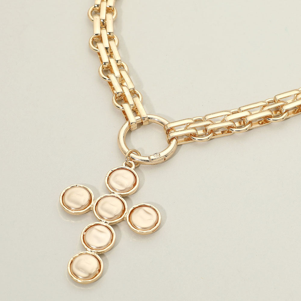 Madeline Love Gold Pearl Cross Charm Pendant Chunky Chain Statement Necklace
