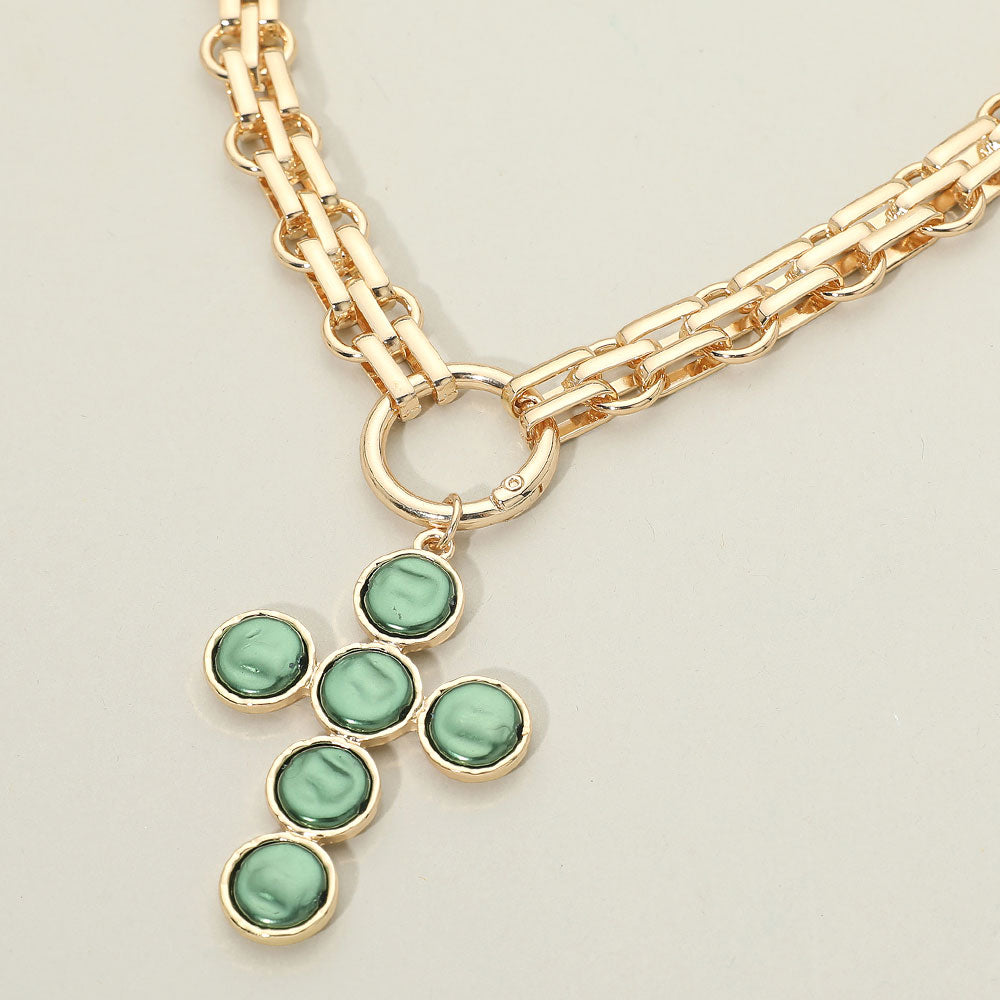 Madeline Love Gold, Green Pearl Cross Charm Pendant Chunky Chain Statement Necklace