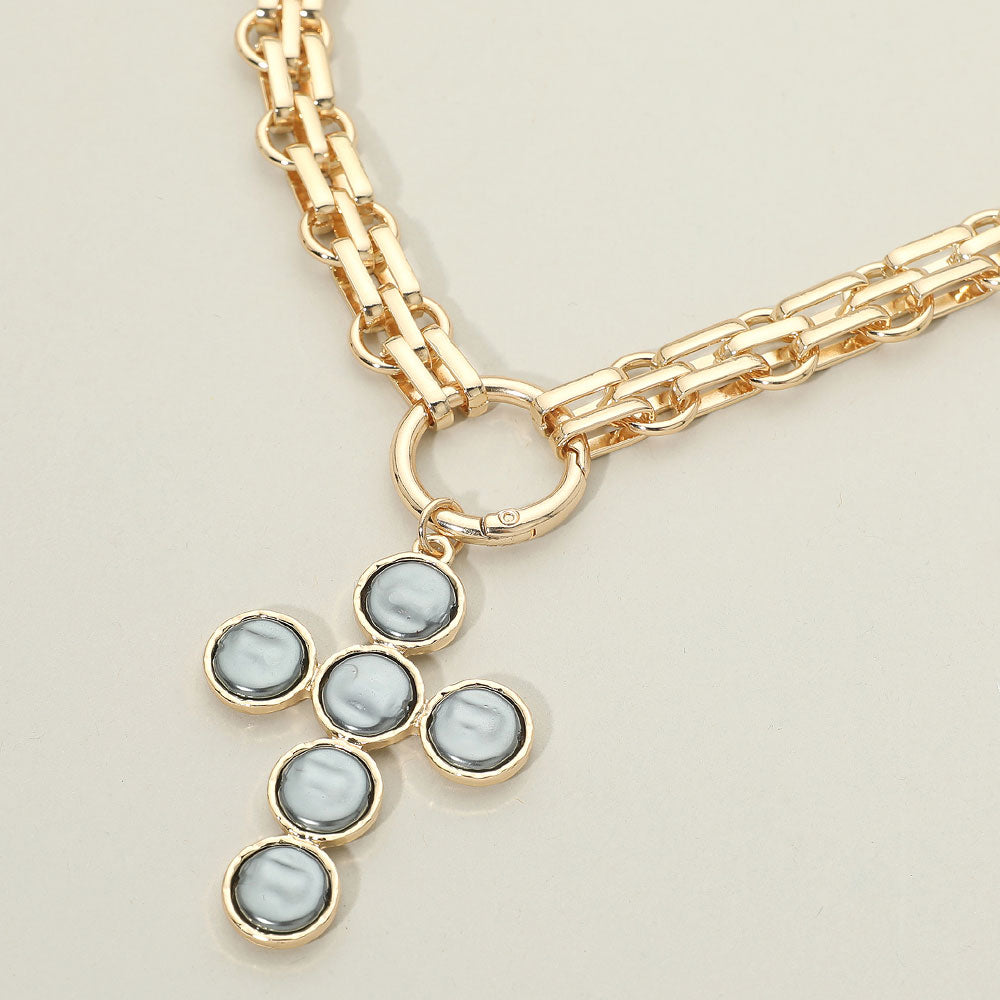 Madeline Love Gold, Gray Pearl Cross Charm Pendant Chunky Chain Statement Necklace