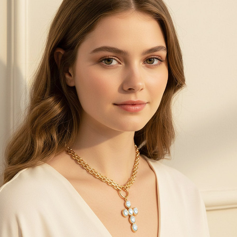 Madeline Love Gold, Light Blue Pearl Cross Charm Pendant Chunky Chain Statement Necklace