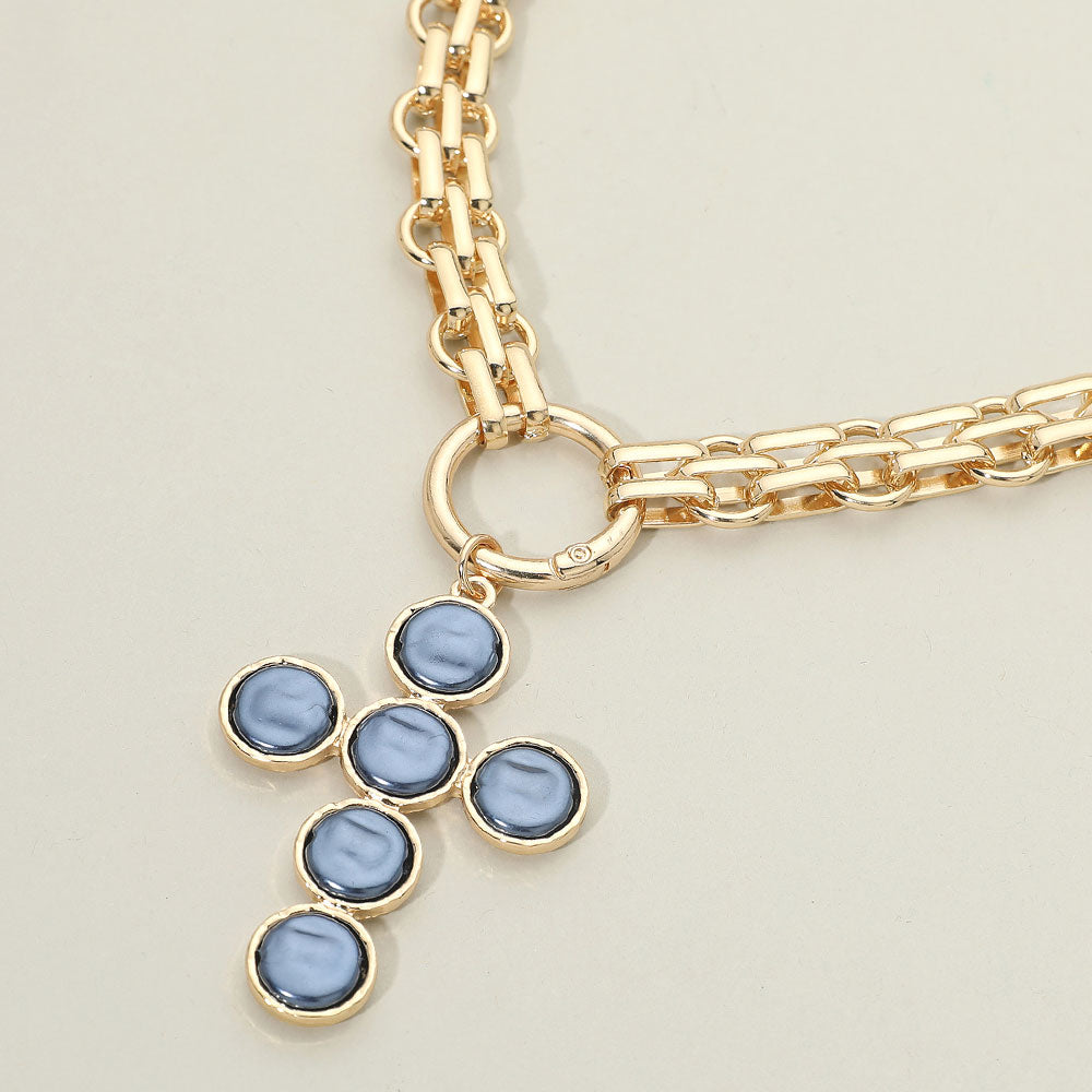 Madeline Love Gold, Navy Pearl Cross Charm Pendant Chunky Chain Statement Necklace