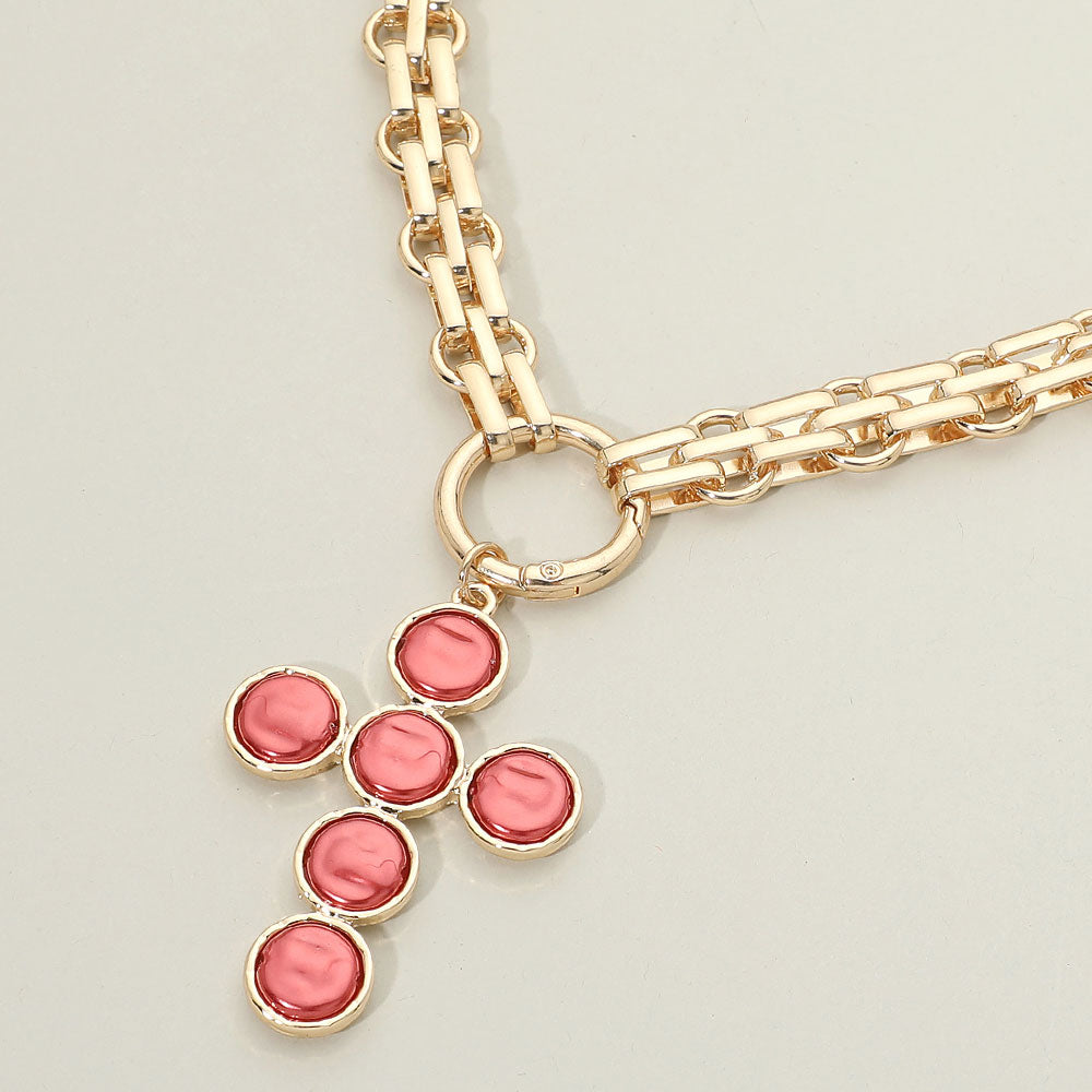 Madeline Love Gold, Red Pearl Cross Charm Pendant Chunky Chain Statement Necklace