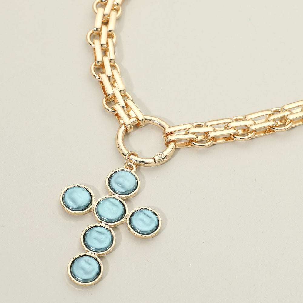 Madeline Love Gold, Turquoise Pearl Cross Charm Pendant Chunky Chain Statement Necklace