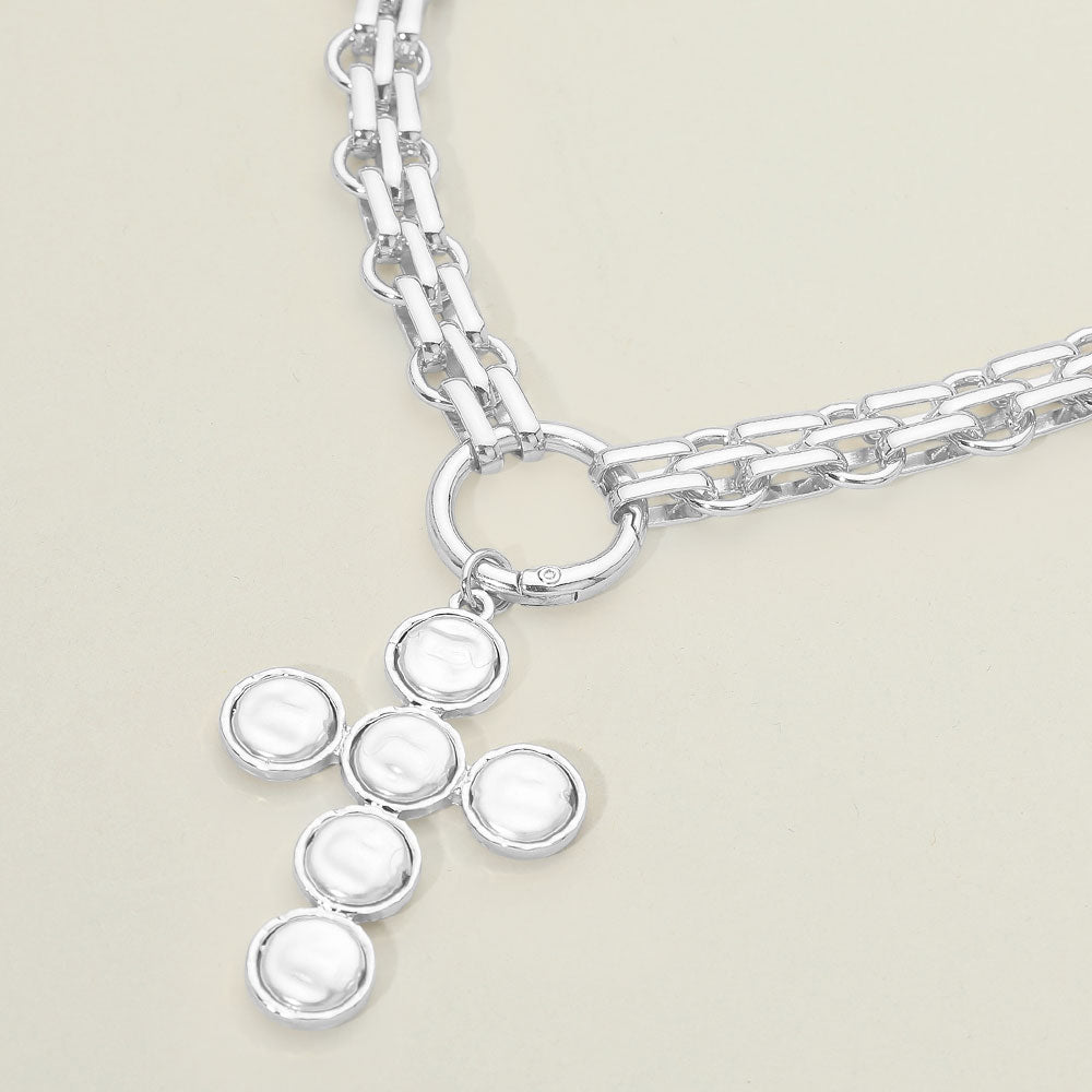 Madeline Love Cream, Silver Pearl Cross Charm Pendant Chunky Chain Statement Necklace